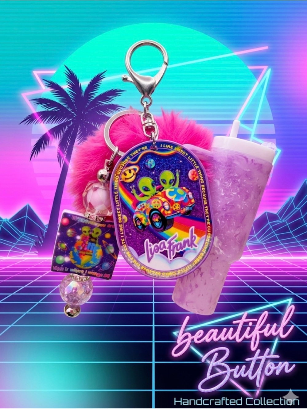 Custom keychain 
Lisa Frank Alien Car Keychain with Pink Pom